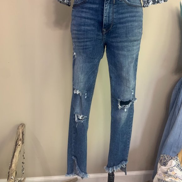 High Rise Distressed Denim Leggings Shark-Bite Raw Hem Express Medium Wash - Picture 1 of 15